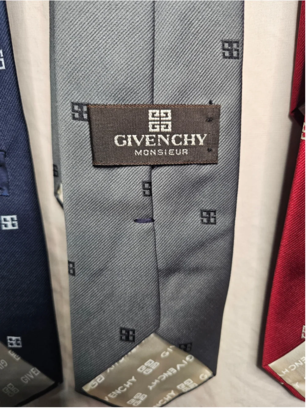 Givenchy Monsieur Silk Blend Tie Vintage Lot 3 Navy Grey Red 4G Monogram Italy
